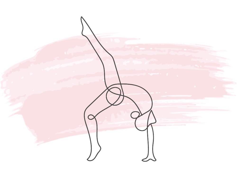 A one-line drawing of a person doing a handstand, set against a pink watercolor background, with abstract, continuous lines.