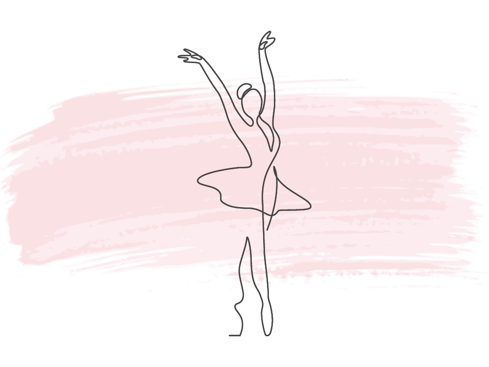 A minimalist line drawing of a dancer against a pink brushstroke background, capturing elegance and movement in a simple, abstract form.