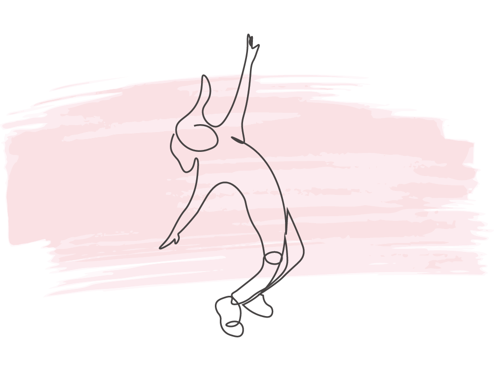 A dynamic single-line drawing of a person dancing, positioned on a pastel pink abstract paint stroke background, conveying movement and creativity.