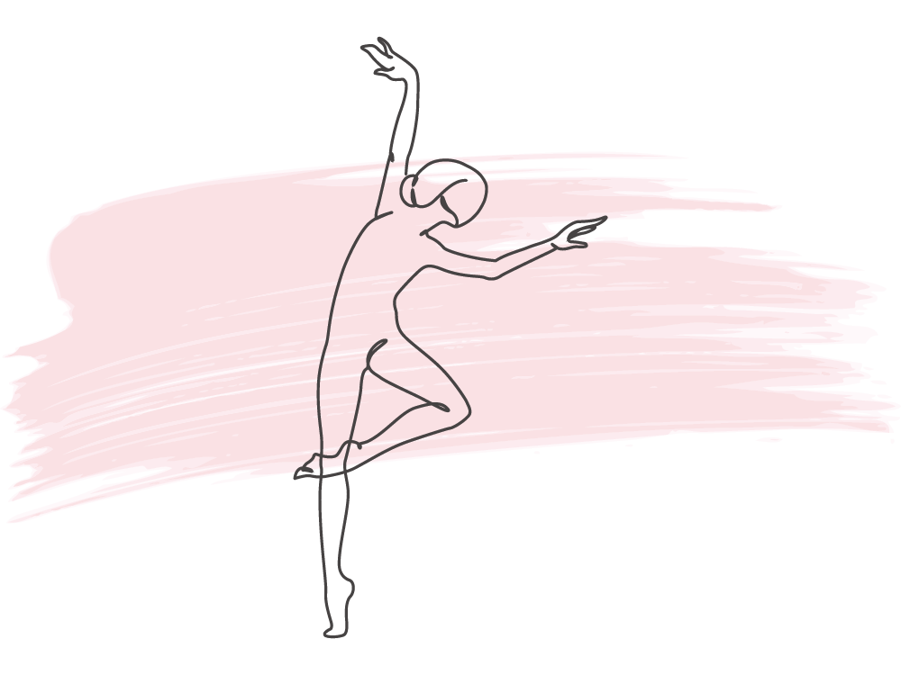 A minimalist line drawing depicts a dancing person with a pink brushstroke background, capturing movement and artistic expression.