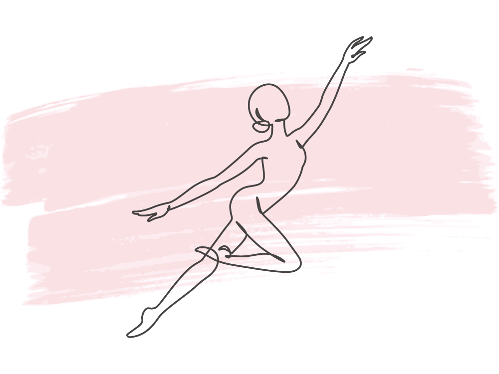 Abstract line drawing of a person dancing, set against a pink brushstroke background, suggesting grace and movement.
